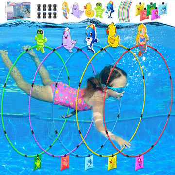 Gushu Diving Toys 15 Pcs Pool Toys For Kids Age 4-8 8-12 Water Swim Thru Rings With Buoys And Sandbags Underwater Training Progr