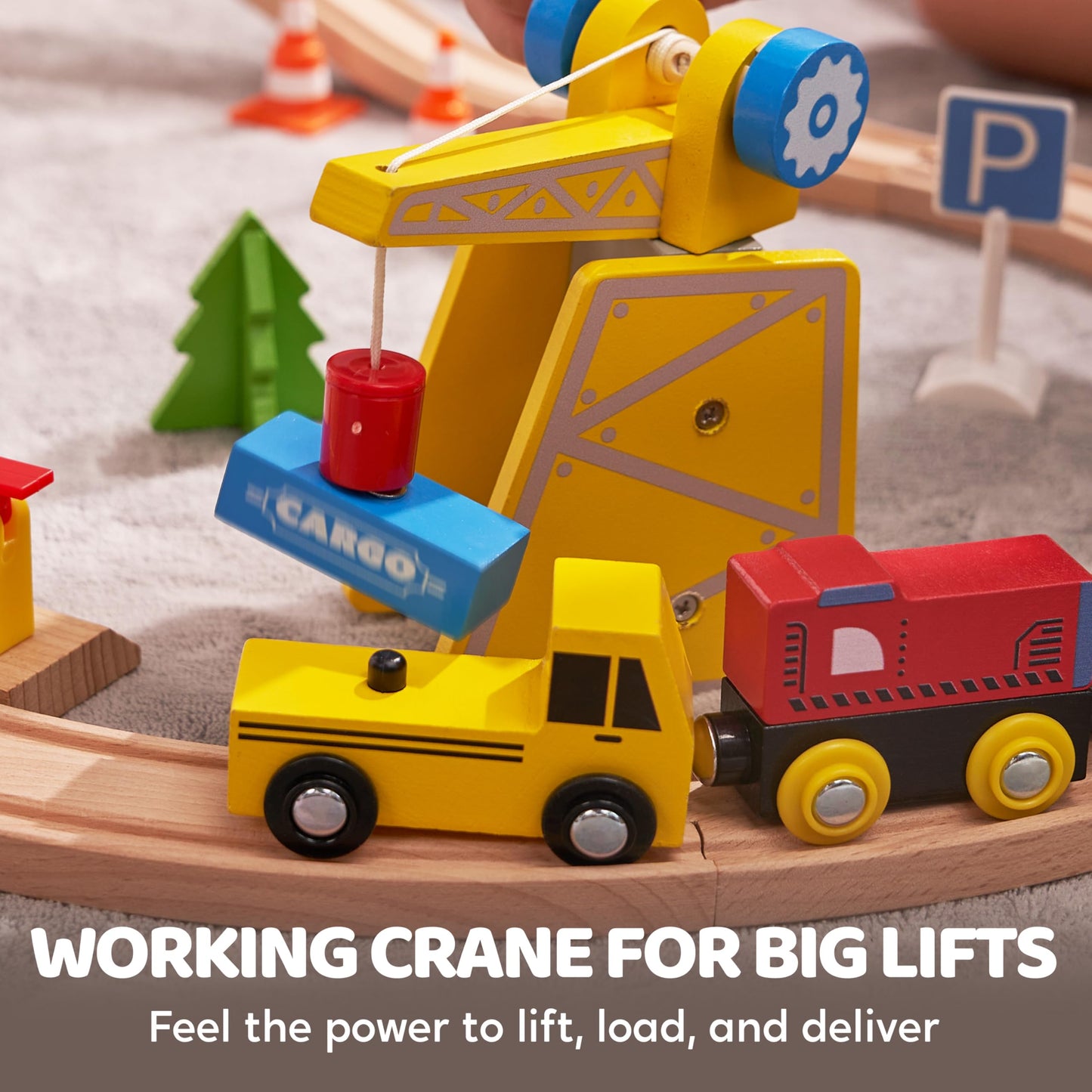 60Pcs Montessori Wooden Train Set - Construction Express, Engineering Railway With Magnetic Crane, Trains & Accessories, Perfect