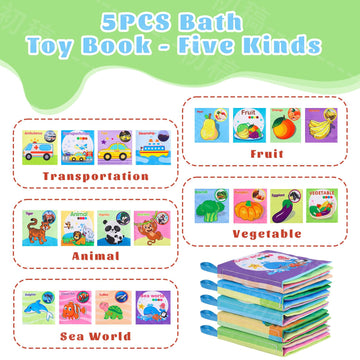 5Pcs Baby Bath Books For Toddlers Learning The Names Of Animals, Fruits, Vegetables, Transportation, Colorful Patterns, Non-Toxi