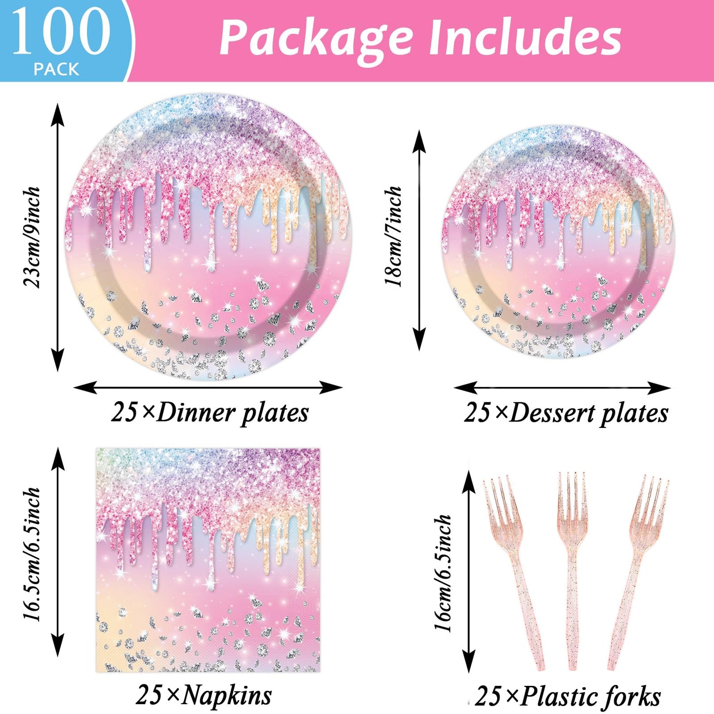 Qyeahkj 100Pcs Iridescent Diamond Birthday Party Plates Napkins Forks Supplies Set Holographic Tableware Party Supplies Gem Ston