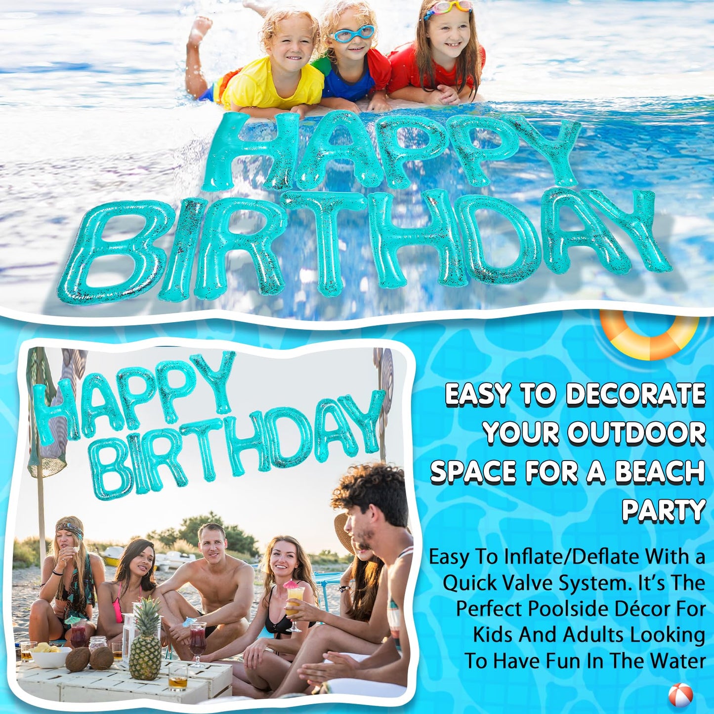 Shappy 20'' Happy Birthday Pool Large Floating Letter Balloons with Adhesive Dots Inflatable Pool Decorations for Summer Birthda