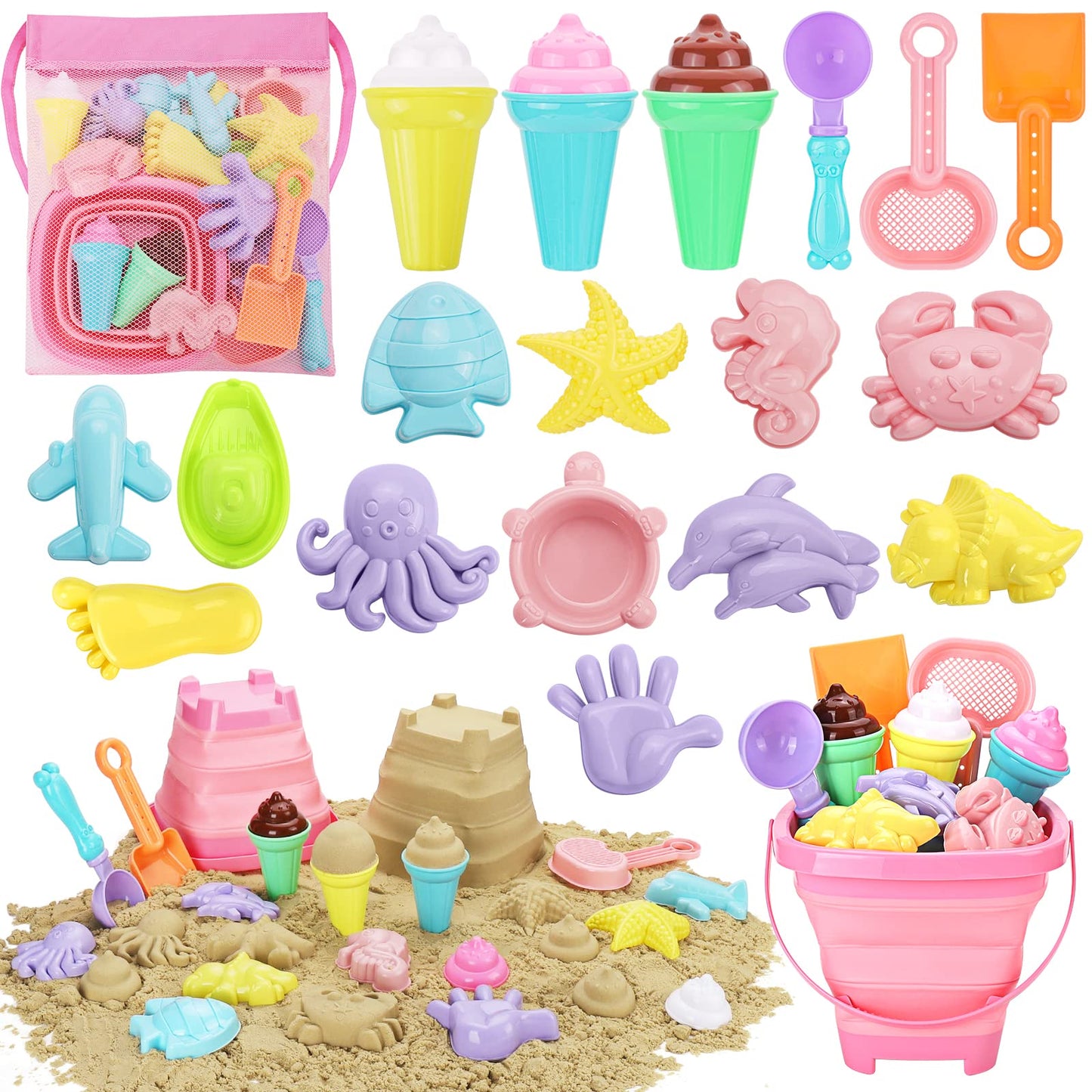 REZUCREY Beach Toys, Ice Cream Sand Toys for Toddlers, with Collapsible Bucket and Shovels for Kids with Bag, Travel Toys for Bo