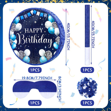 Sinmoe Birthday Piata with Stick Blindfold and Confetti for Boys Girls Men Women Birthday Party Supplies(Blue and Silver)