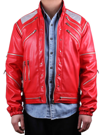MJB2C Red 80s PU Leather Jacket - Retro Zipper Accent Stage Coat for Cosplay Halloween & Party - mature-themed Small