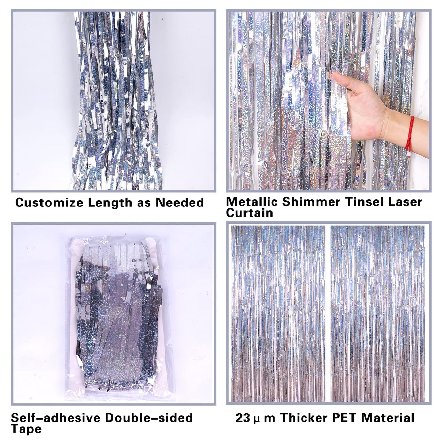 2 Pack 3.2ft x 8.2ft Silver Metallic Tinsel Foil Fringe Curtains, Door Streamer Photo Booth Backdrop for Birthday Graduation Eng