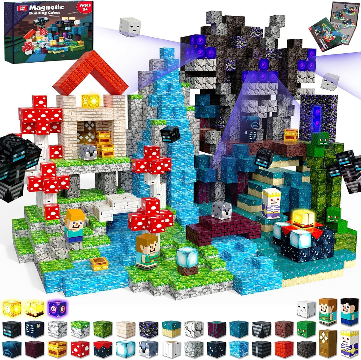 200PCS Magnetic Blocks with Light Up Blocks Magnetic Building Blocks, Magnetic Cubes STEM Sensory Learning Toys for Kids, Birt