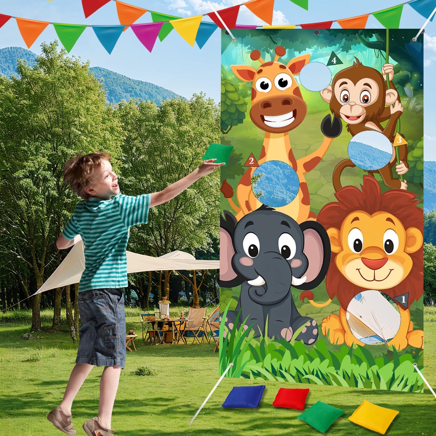 Jeffbaubl Animals Toss Game Banner with 8 Bean Bags, Satin Material, Jungle Theme Outdoor Yard Game