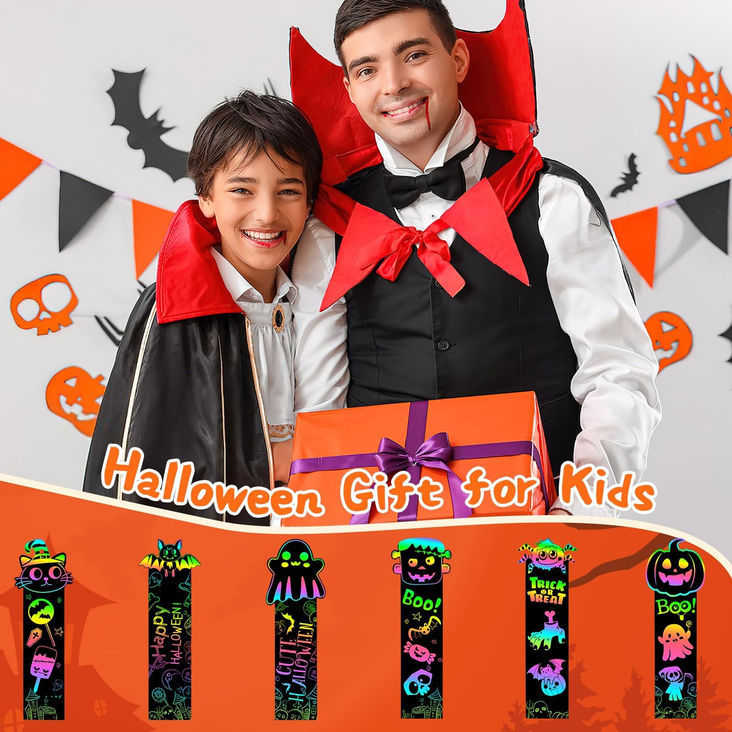 JUNEBRUSHS 30Pcs Halloween Scratch Bookmarks, Rainbow Magic Scratch Paper Art Pumpkin Bat Spider DIY Crafts Kit for School Class