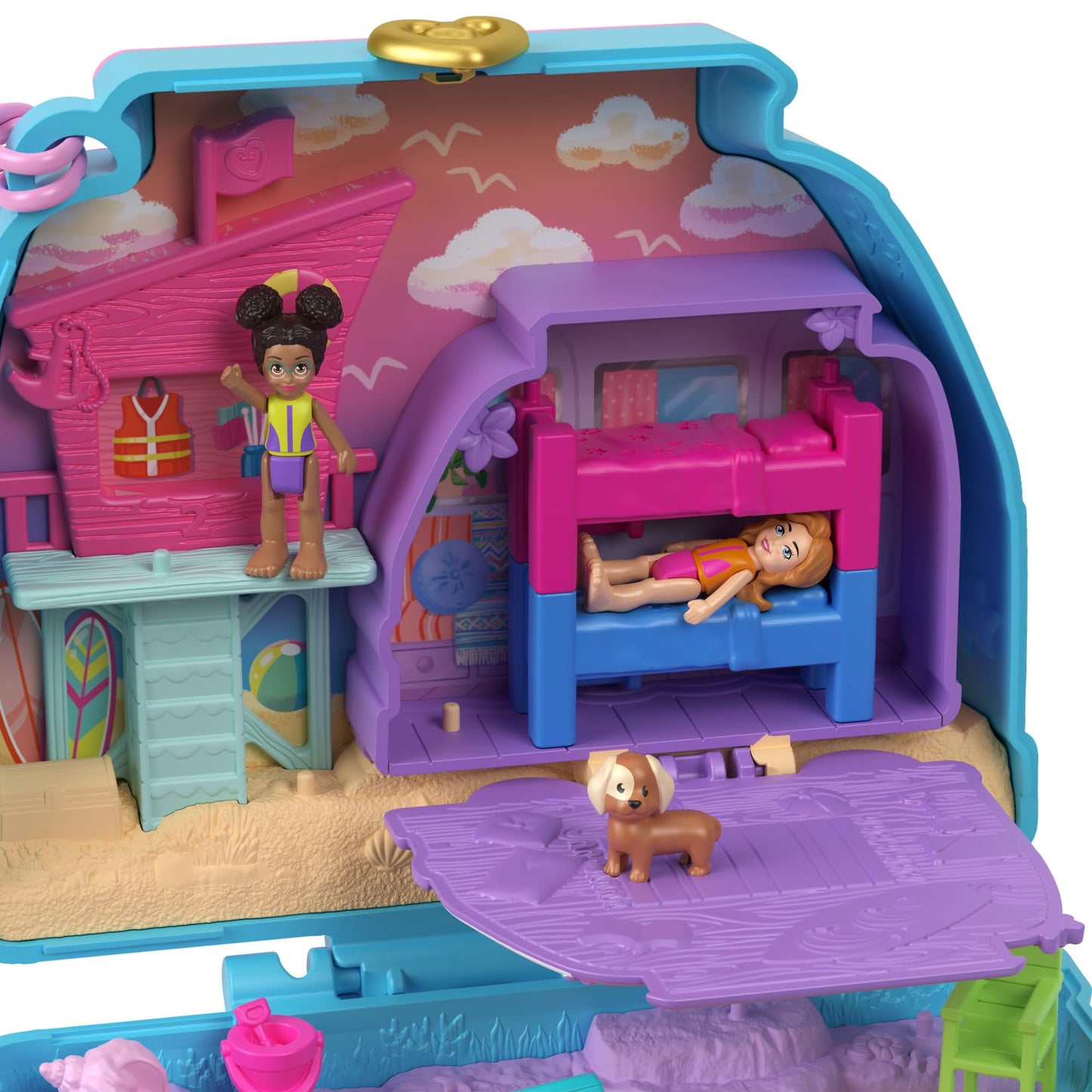 Polly Pocket Seaside Puppy Ride Compact Playset with 11 Accessories, Multicolor, One Size, Model HRD36