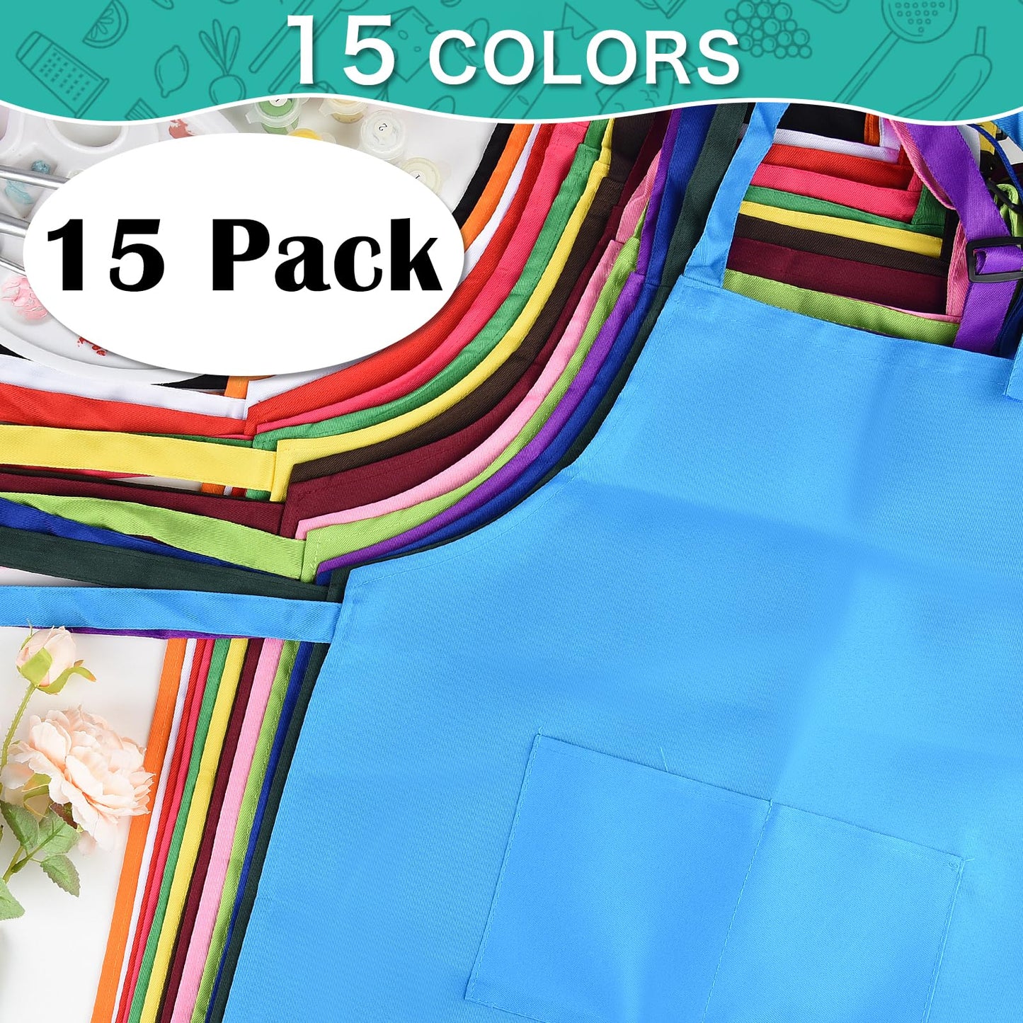 PLULON 15Pcs Kids Aprons Painting Aprons for Kids Aprons for Kids Bulk, Paint Apron Adjustable Children Chef Aprons with 2 Pocke