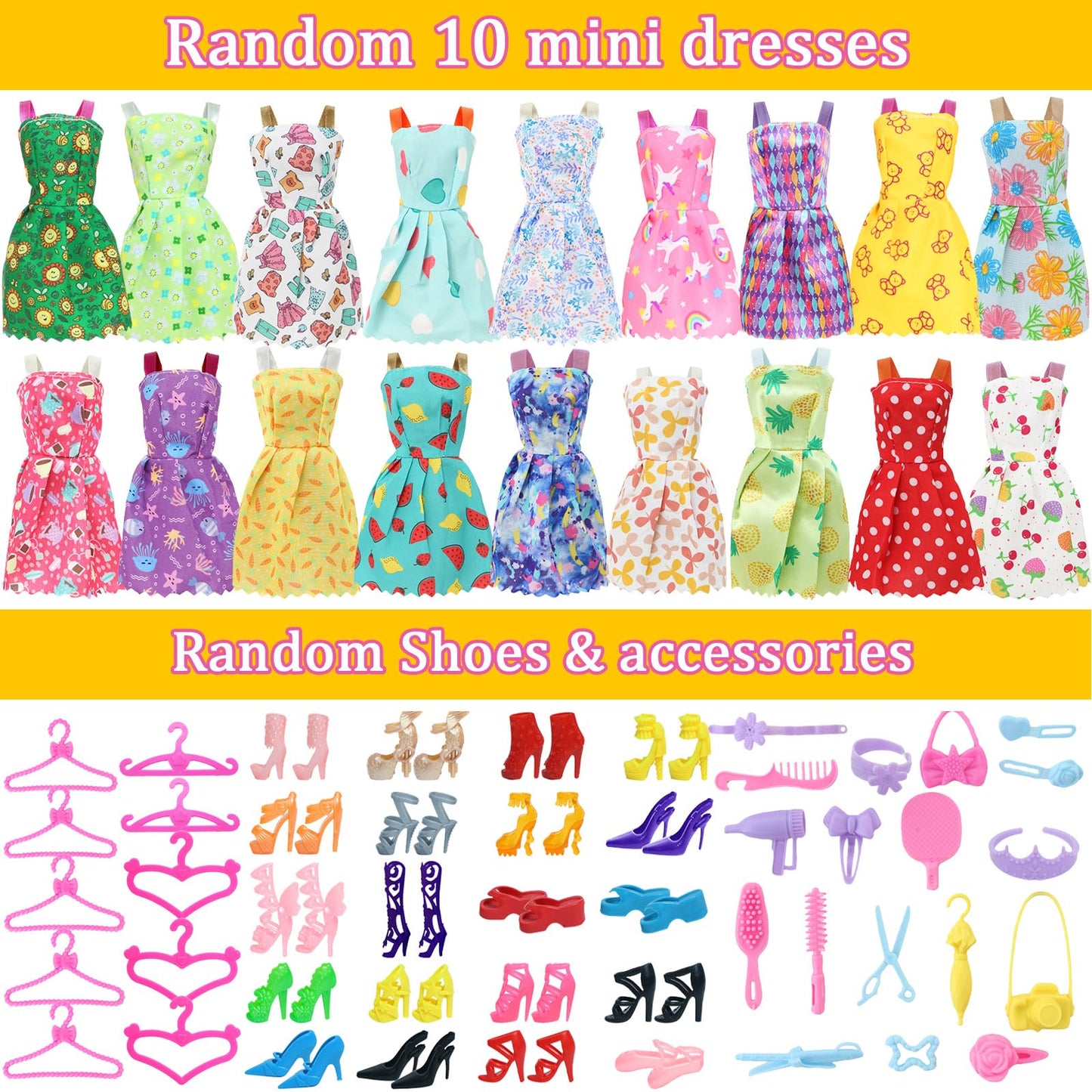 60pcs Doll Clothes and Accessories Fashion Dress Wedding Gowns Daily Tops Pants Outfits Jumpsuit Swimsuits Bikini 10 Mini Dresses Skirts Shoes Hangers Dollhouse Accessories for 11.5 inch Girl Doll