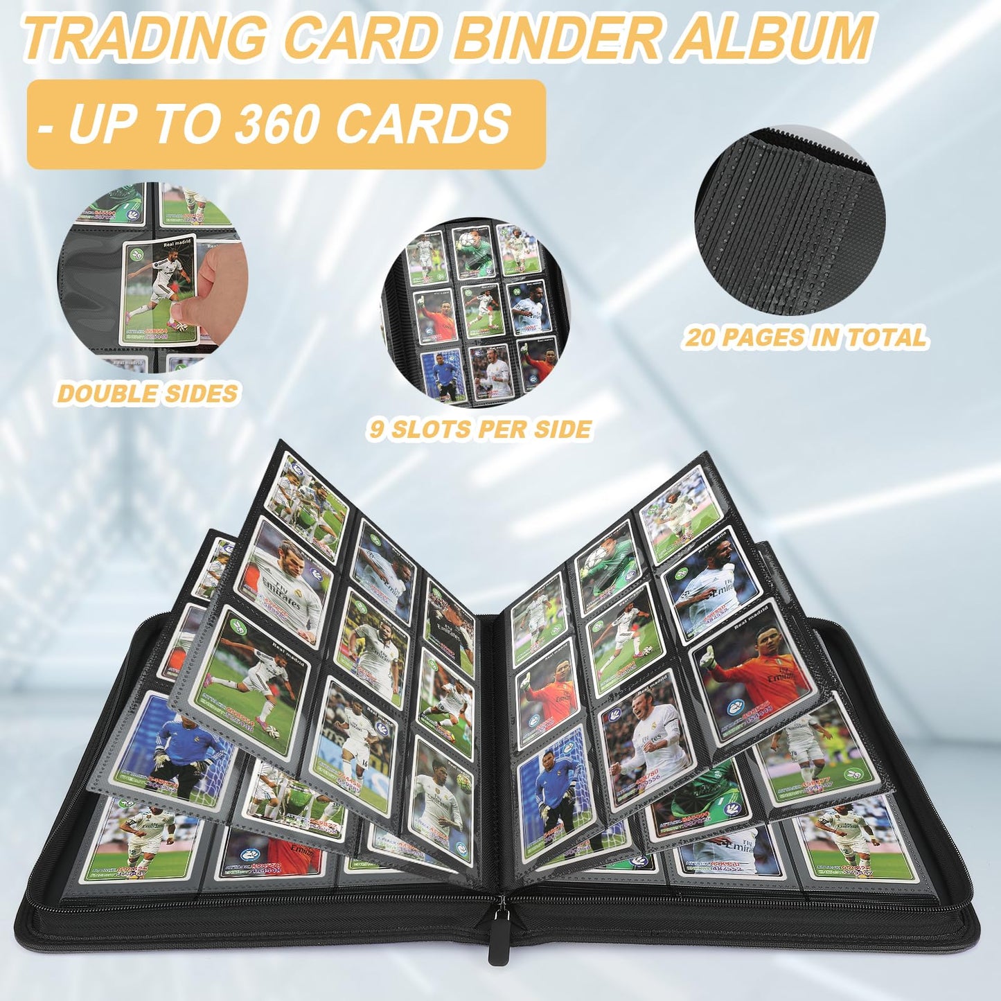 Trading Card Binder 9 Pocket GERMUN PU Cover Card Binder for 360 Cards enhanced Trading Card Holder Folders Double Sided Pocket Card Album for MTG TCG (Carbon Black)
