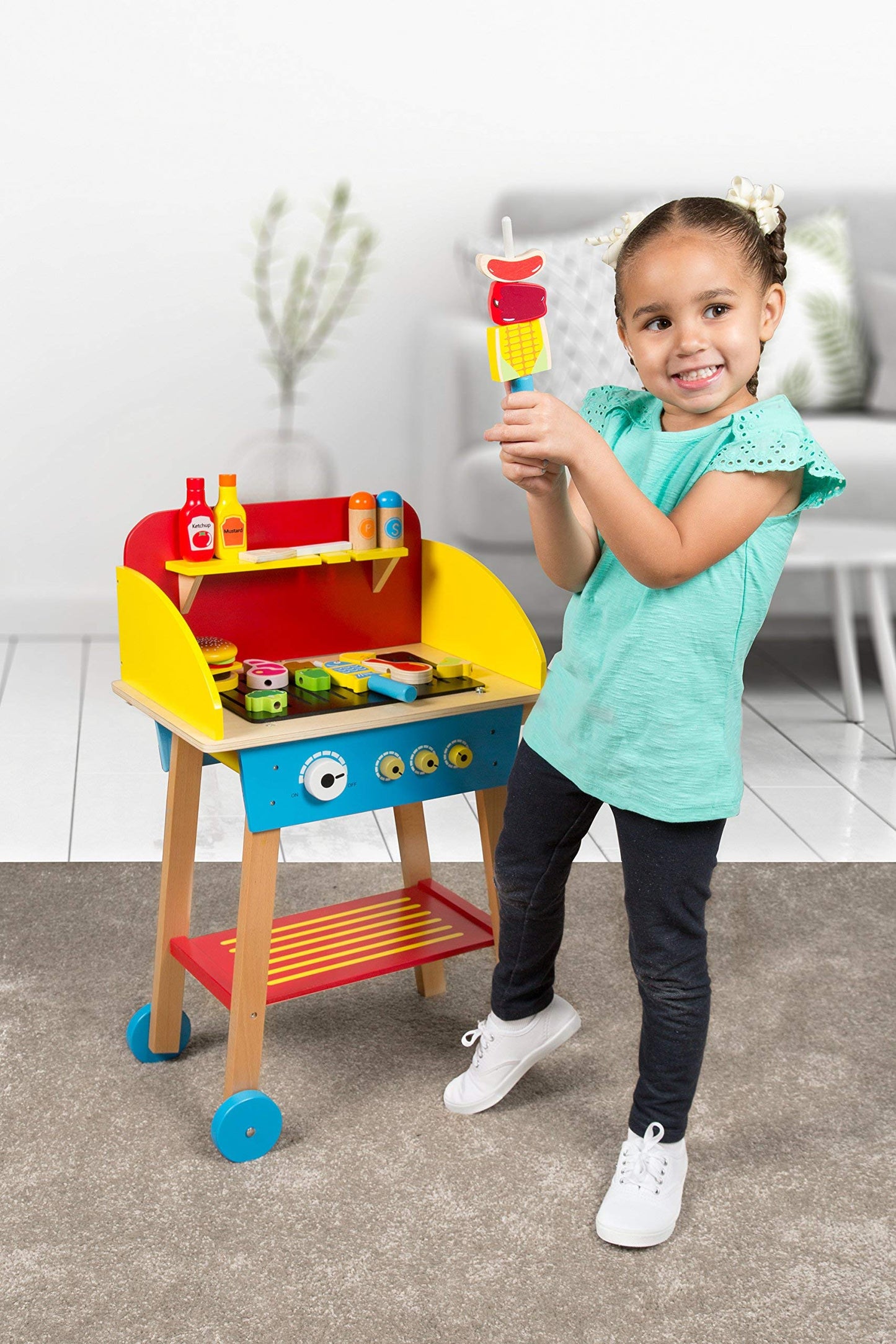 Cook 'N Grill Wood Toy BBQ Set - Includes Pretend Play Wooden Barbeque Food & Grilling Tools for Kids, Boys & Girls, More Than 3