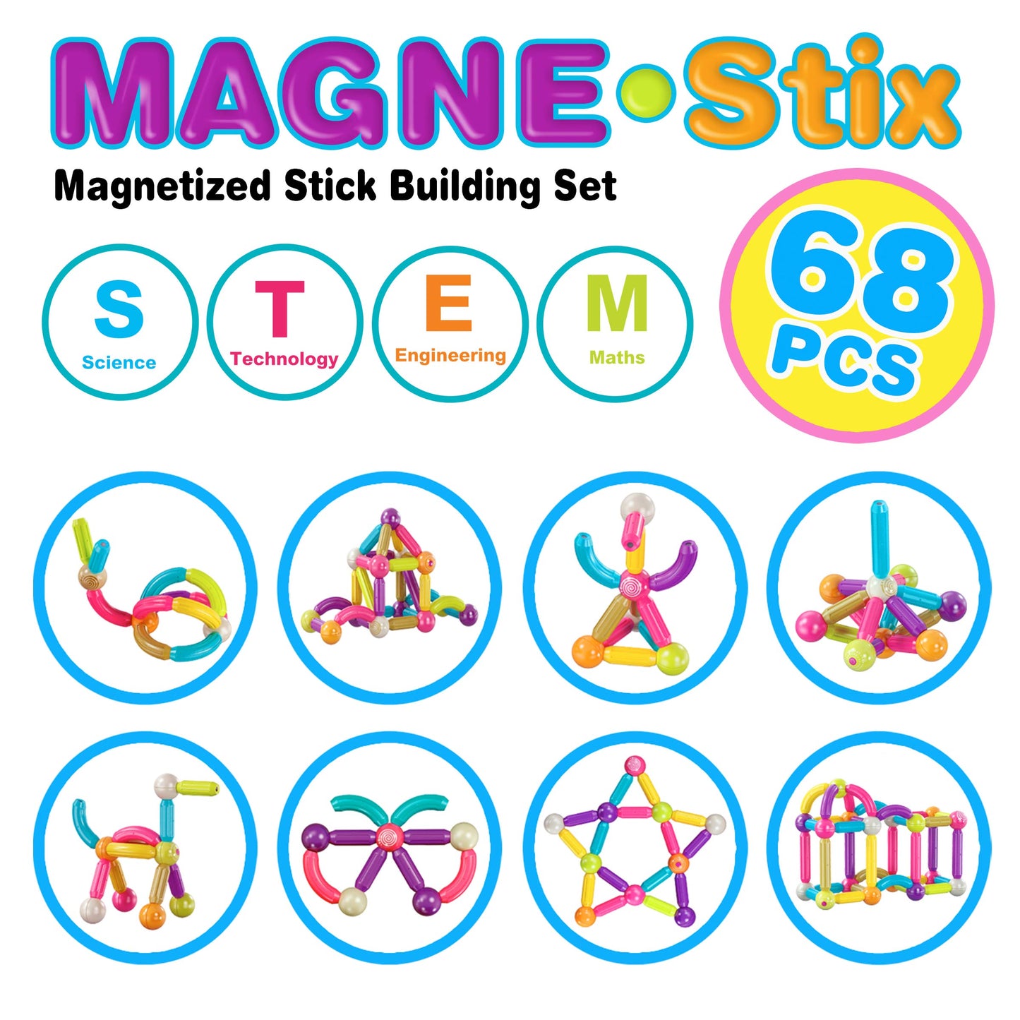 Contixo St2 Kids Magnetic Stix Stick 68 Pcs 3D Building Blocks Stem Construction Playboards Creativity, Imagination, Recreational, Educational For Children Toddler, 3+ Year Old Boys And Girls