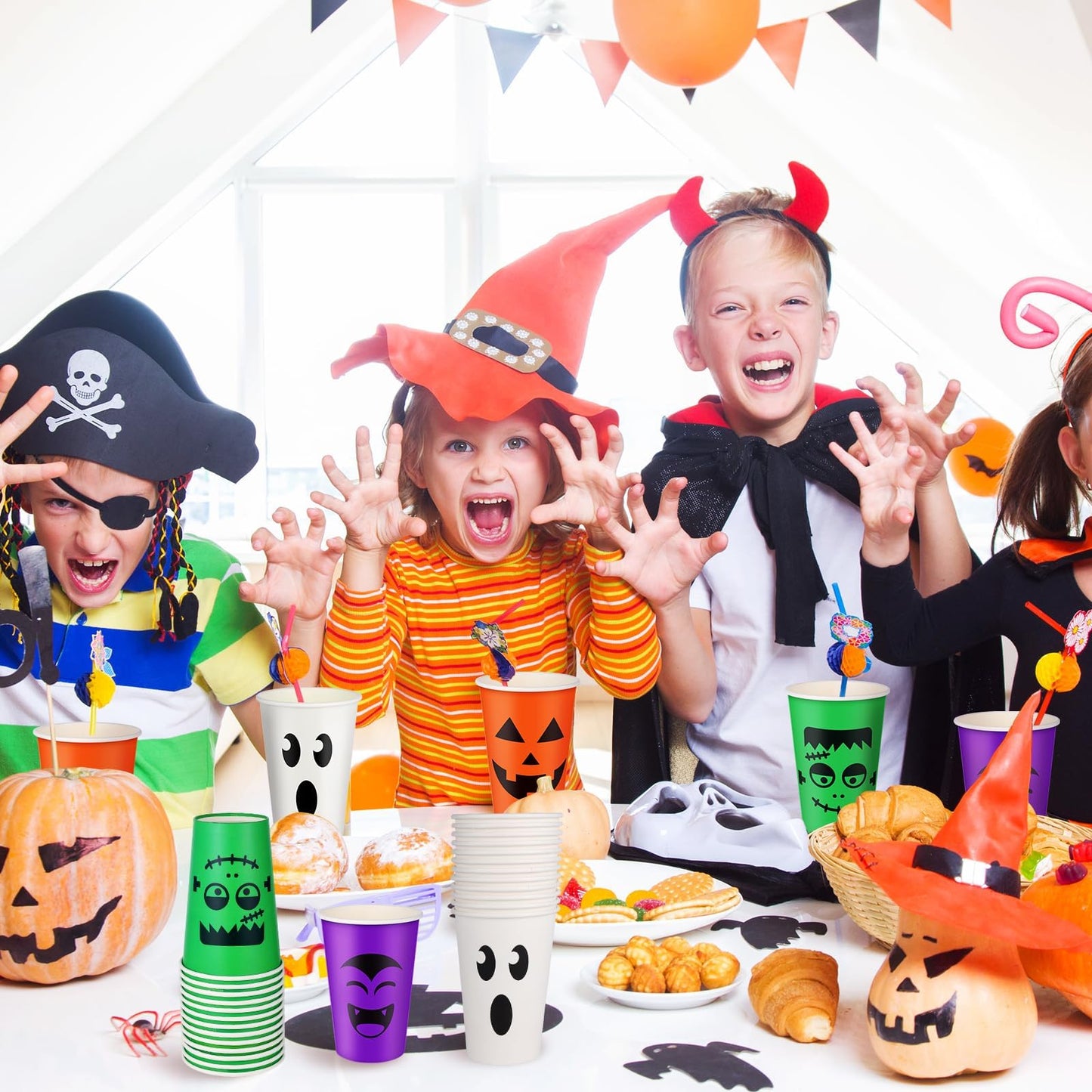 100 Pcs Halloween Party Cups 12 oz Pumpkin Vampire Bat Ghost Paper Cups Disposable Halloween Cups for Hot Cold Drinks Trick or T