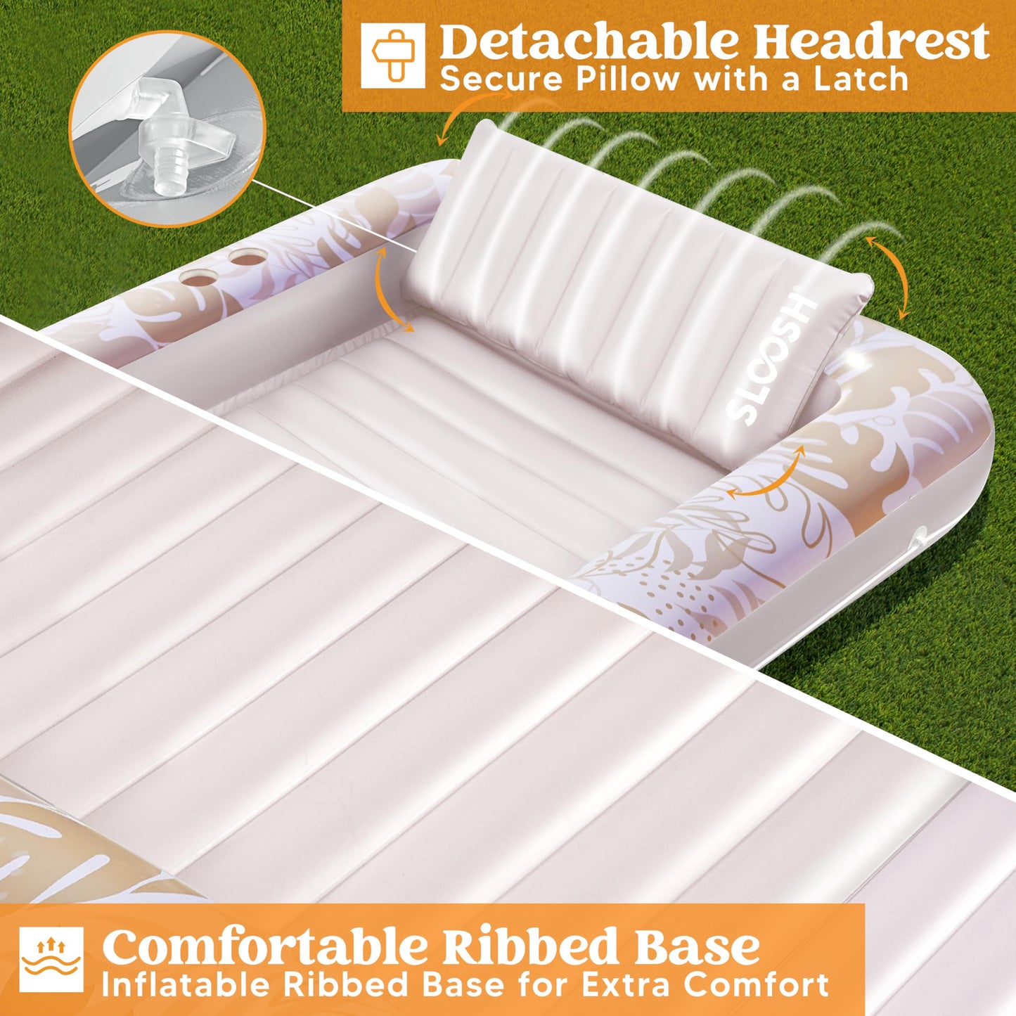 Sloosh Inflatable Tanning Pool Lounger Float, 85' X 57' Extra Large Pool Floats Adult With Pillow, 4 In 1 Suntan Tub Raft Floatie,Sunbathing Bed Lounge For Water Blow Up Ball Pit, Xl-Golden White