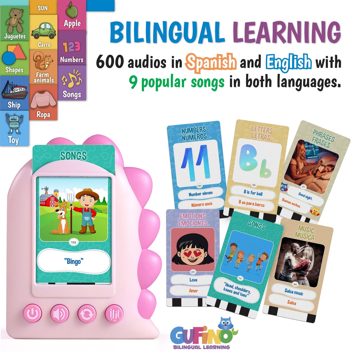 Gufino – Spanish English Bilingual Flashcards For Toddlers 3-5 Years – Montessori Toys For 3+ Year Old, Preschool Supplies Learning Resources – Juguetes Para Niñas De 3 Años O Mayores. Pink