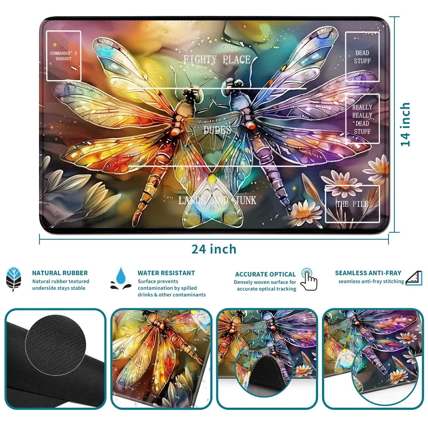 Rwutytiul Dragonfly Card Playmat 24 X 14 Inch With Playmat Tube Bag, Card Gameplay Playmat With Zones Commander Deck Board Mtg R