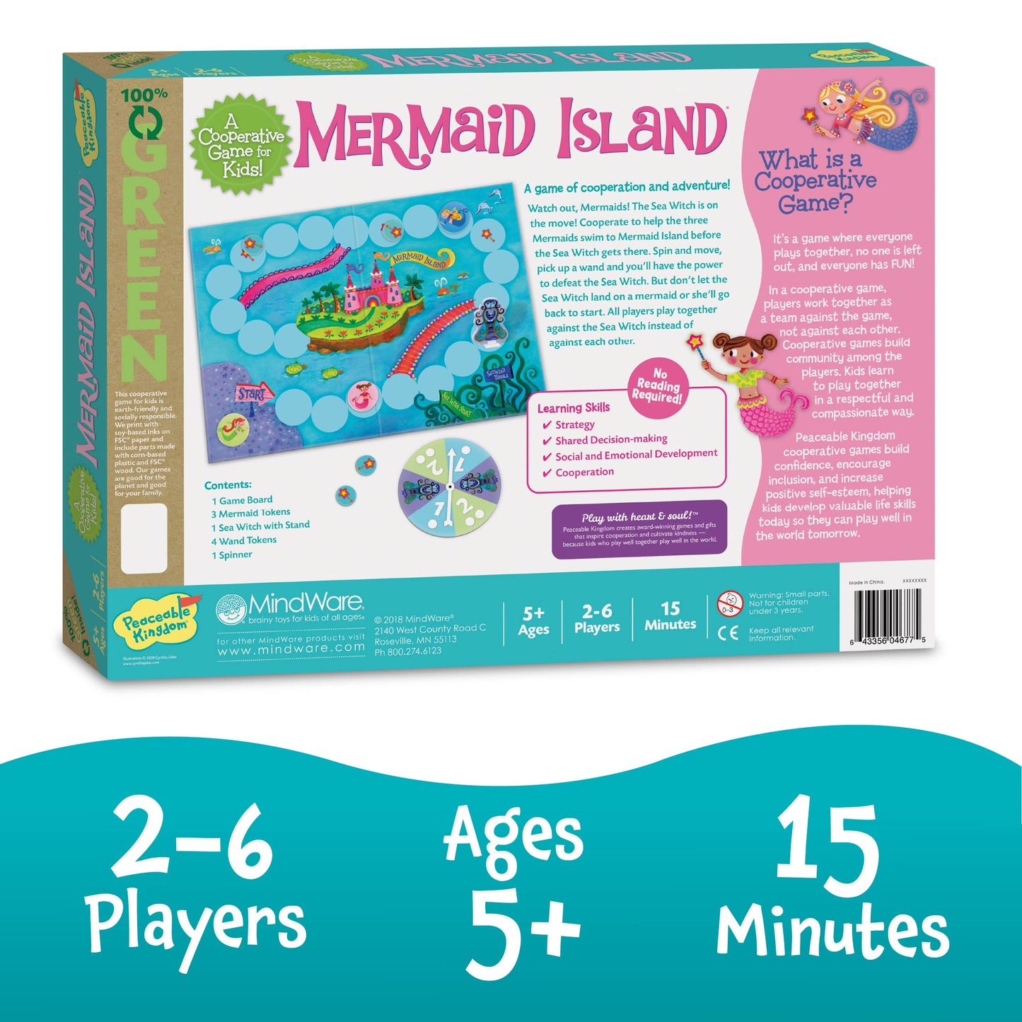 Peaceable Kingdom Mermaid Island Cooperative Board Game for 2-6 Kids Ages 5+, Limited Edition, Colorful Play for Family Fun