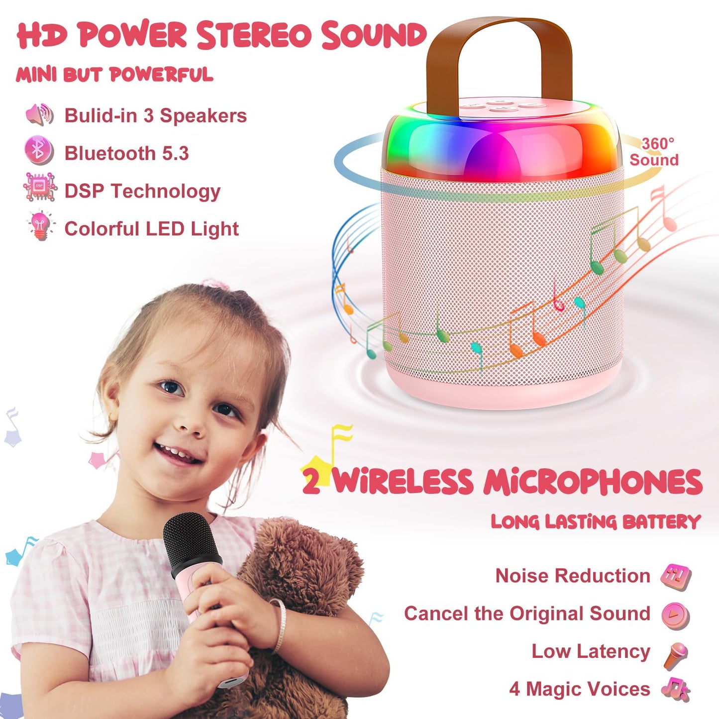 Iyoyo Mini Karaoke Machine For Kids Portable Bluetooth 5.3 Speaker Led Lights With 2 Wireless Microphones Karaoke Gifts For Girls Boys Audlt Birthday Christmas Solid Metal Body (Pink)
