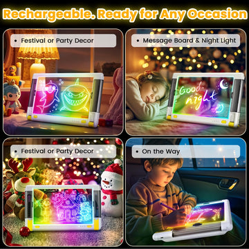 Geokay Rechargeable LED Drawing Board, 15-Inch Acrylic Tablet, 9-Color Light Modes, White, Includes 5 Markers & 10 Tracing Sheets