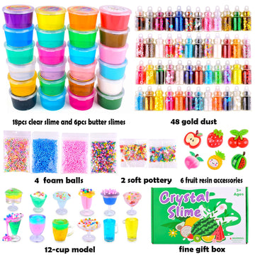 Peceluv Diy Slime Making Kit For Kids And Girls Boys, Slime Set With Include 18 Clear Slime, 6 Butter Slime, 48 Bottle Gold Dust