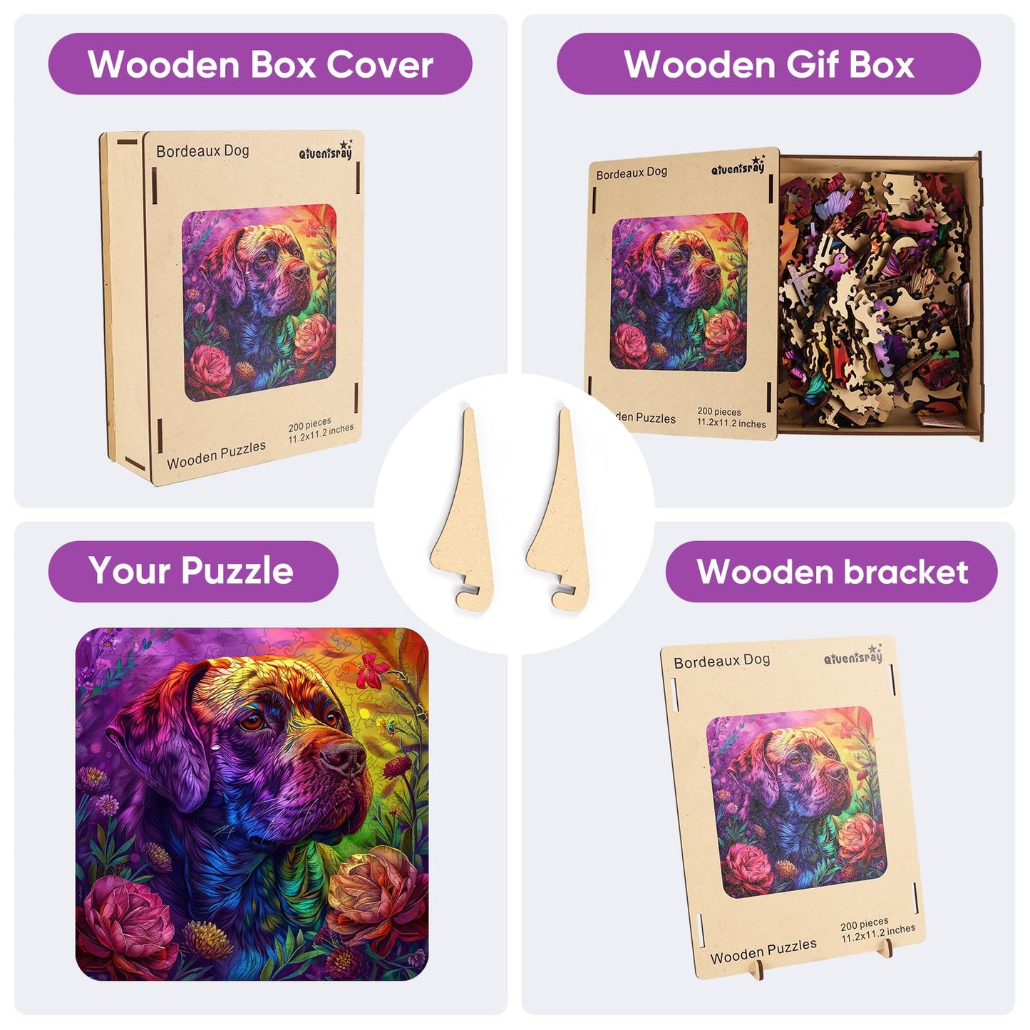 Qiuenisray Wooden Jigsaw Puzzles-Colored Dog,200Pcs,11.3X11.3In,Medium,Wooden Puzzles For Adults,Unique Shape Animal Adult Puzzl