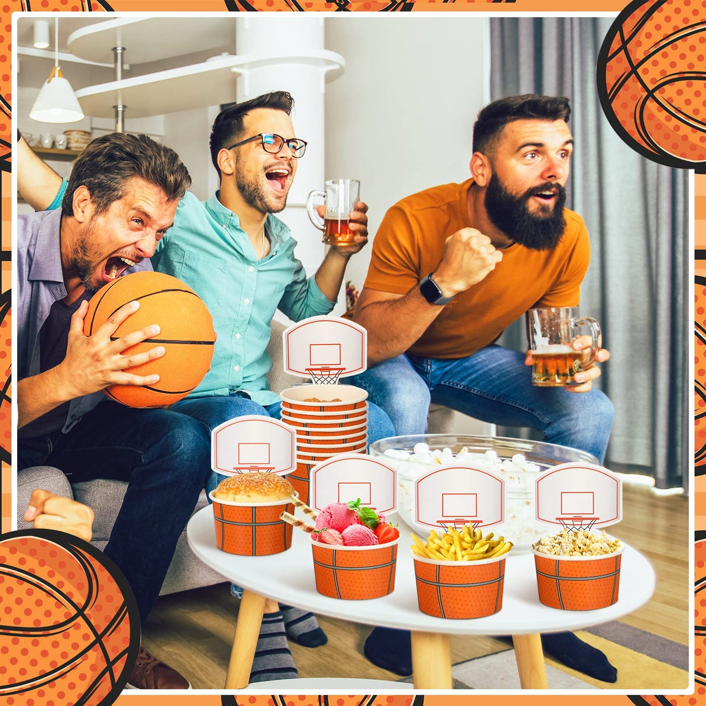 Sunnyray 48 Sets Basketball Hoop Snack Cups With Cards Basketball Party Supplies Paper Basketball Cups Disposable 8 Oz Treat Foo