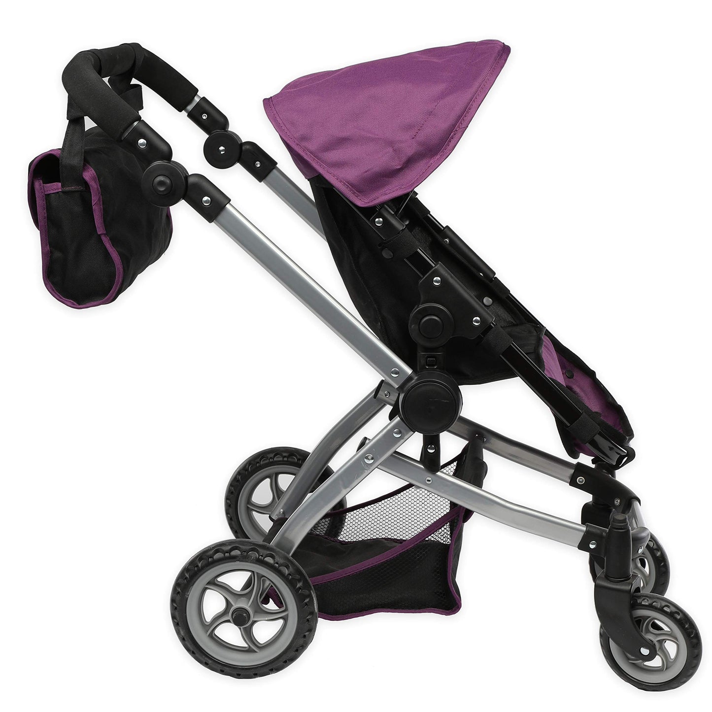 Mommy & Me Babyboo Foldable Doll Stroller With Swiveling Wheels, Doll Pram With Basket, Convertible Seat, Adjustable Handle And Free Carriage Bag - Purple Black
