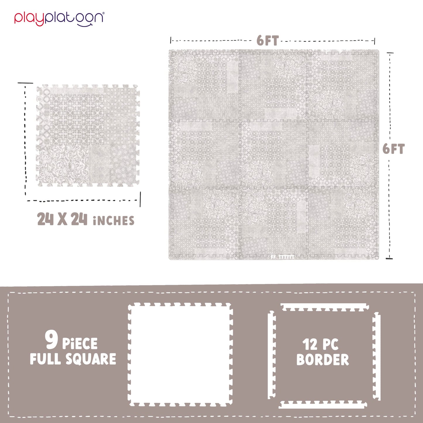 Play Platoon Non-Toxic Extra-Thick Childrens Foam Play Mats For Floor, 9 Tiles - 72 X 72 Inch Comfortable Cushioned Foam Floor Puzzle Tiles For Kids & Toddlers With 24 X 24 Inch Tiles Sets - Khaki