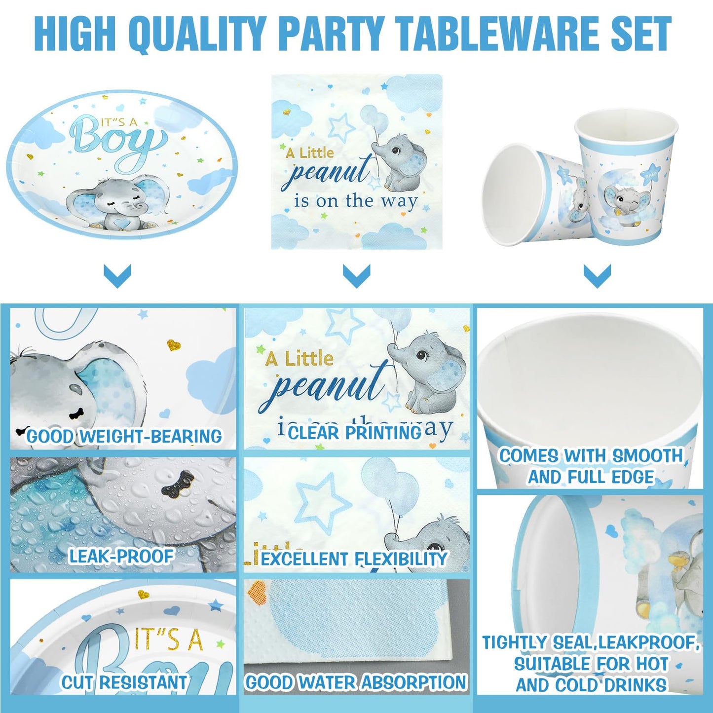 200 Pcs Blue Elephant Baby Shower Paper Plates Napkins Cups Its A Boy Baby Shower Party Supplies Tableware Set Elephant Disposab