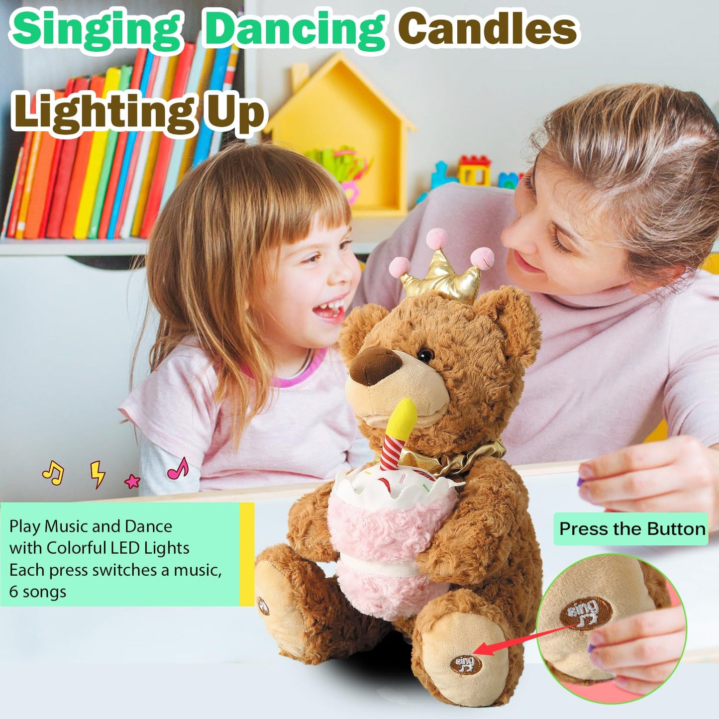 Marsjoy Musical Happy Birthday Teddy Bear With Glowing Cupcake, Animated Plush Toy Singing Dancing Talking Plush Bear Repeating What You Say Recording Toy Stuffed Animal Gift For Girl Kid