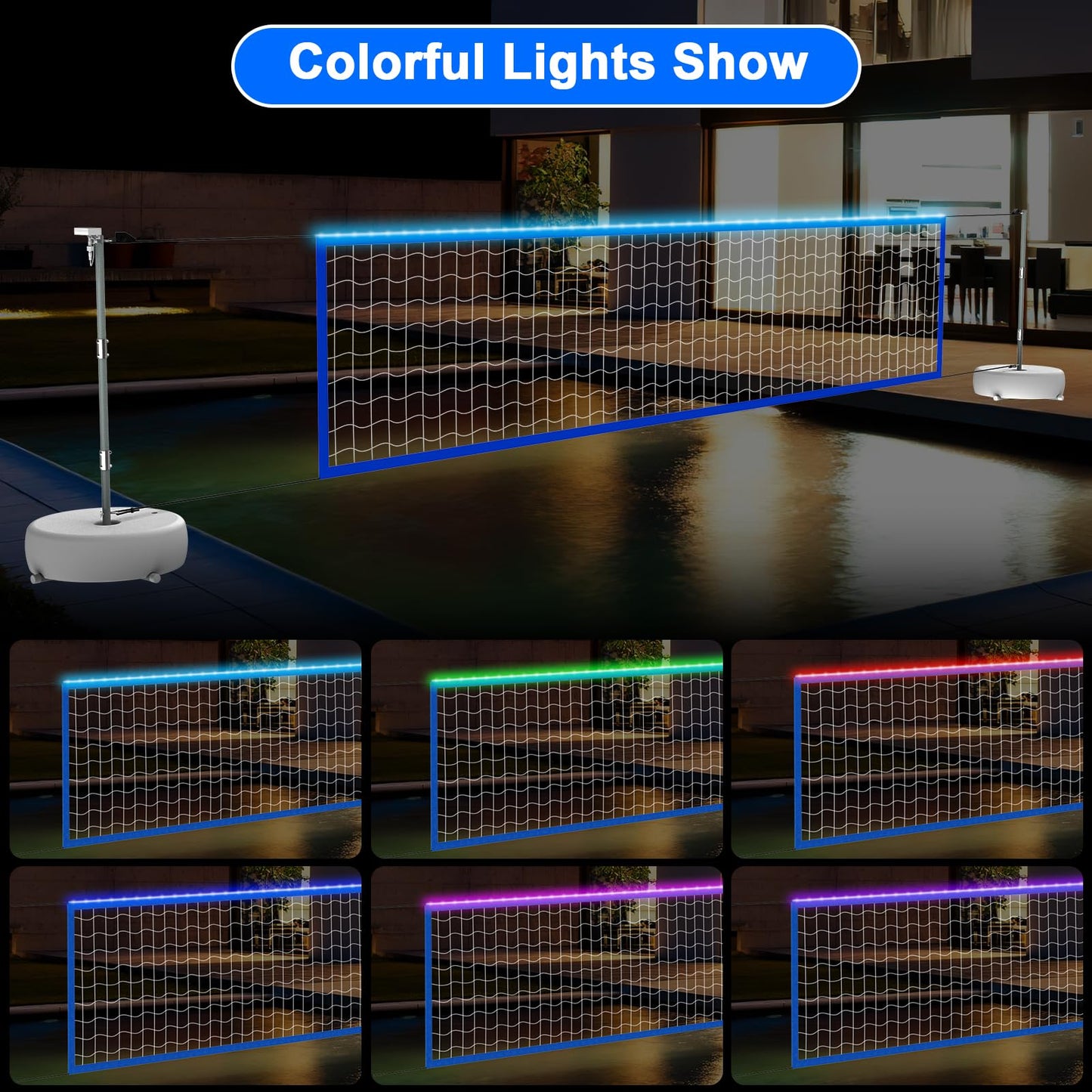Pool Volleyball Net Set With Lights, Solar Powered Portable Outdoor Led Volleyball Net For Pool With 2 Glowing Balls,Pump And We