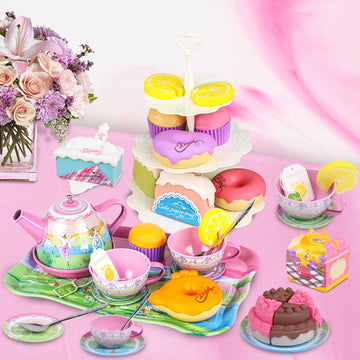 Tea Set for Little Girls,PRE-WORLD 50PCS Princess Tea Party Time Toy Including Dessert,Cookies,Doughnut,Teapot Tray Cake, Tablec