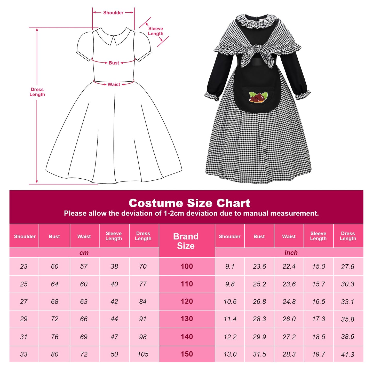 Relibeauty Pioneer Costume Girls Prairie Costume Medieval Faire With Shawl,Apron And Hat