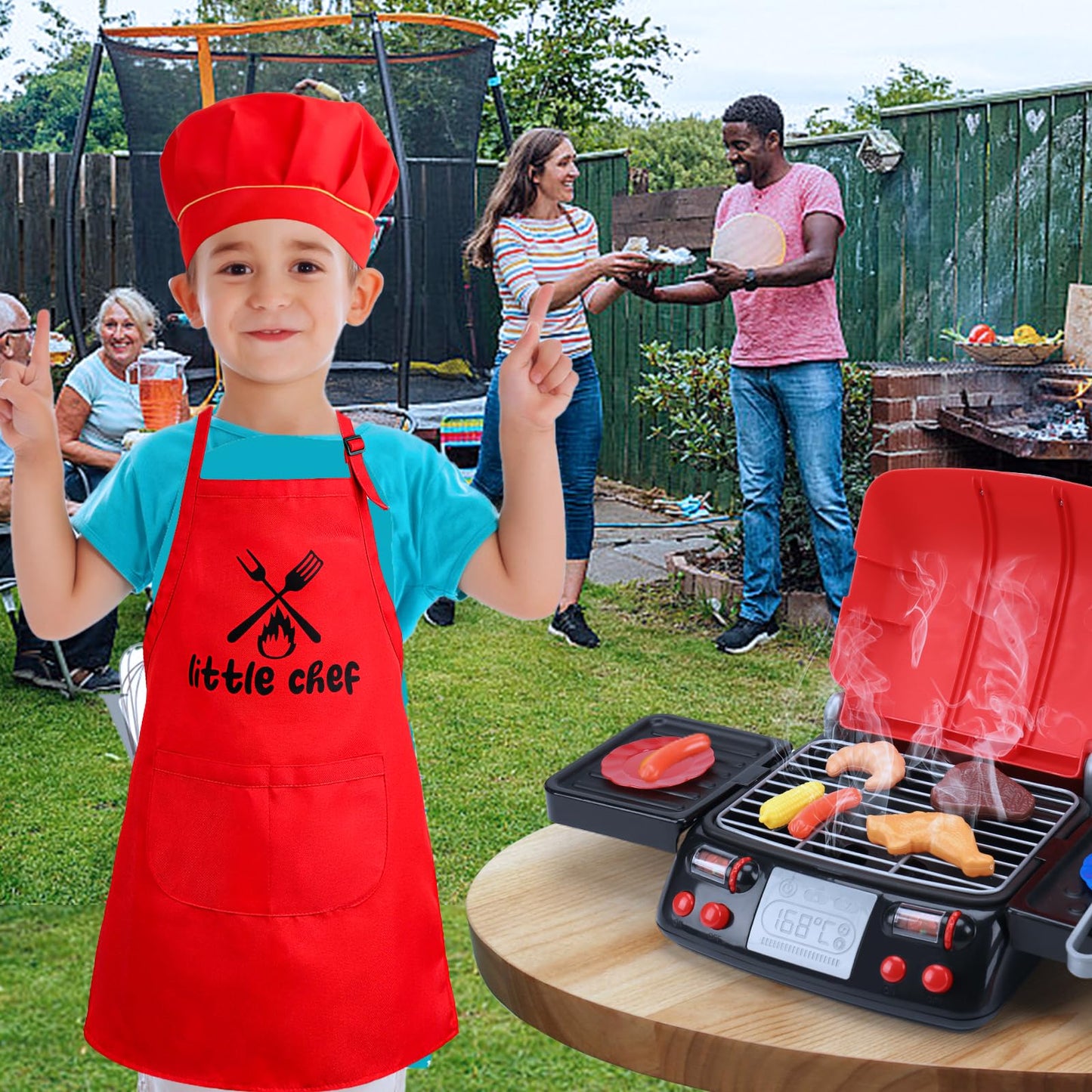Kids Grill Playset with Apron Hat for Cooking Food Smoke Sound Light Outdoor Toy Pretend Play Set Kitchen Accessories BBQ Campin