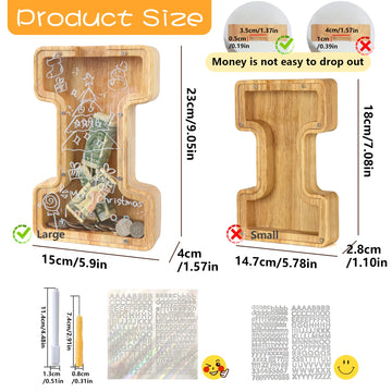 weallbuy Large Letter Piggy Bank for Kids Boys Girls Wooden Personalized Piggy Banks A-Z with Target Area Clear Alphabet Banknote Coin Banks for Gift Decoration Baptism (I)