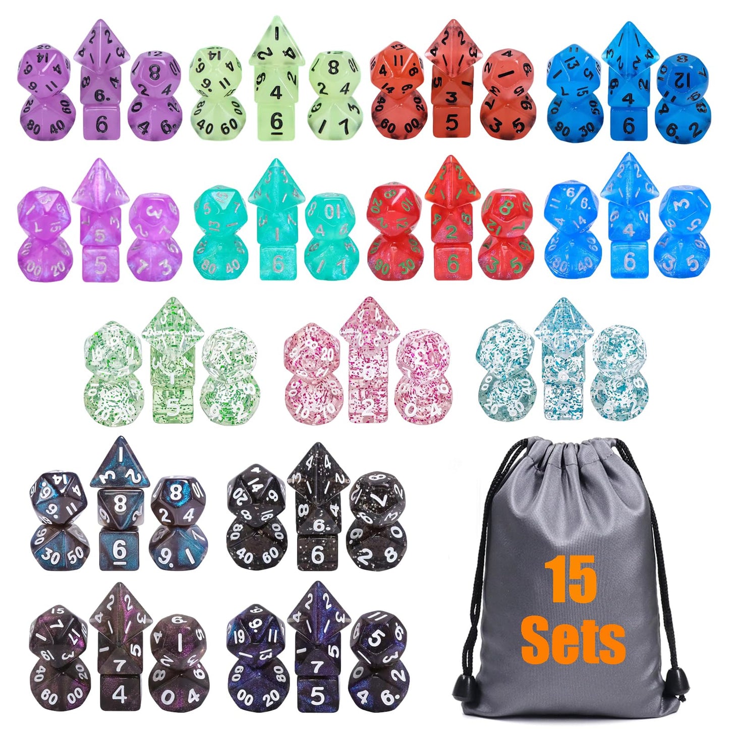 10mm Mini DND Dice Set,15 Sets Polyhedral RPG Dice (105pcs) for MTG,RPG,D&D Dungeons and Dragons Role Playing Game.(Transparent