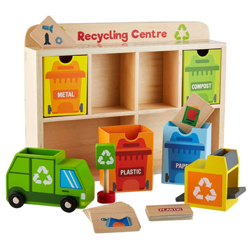 Reduce & Reuse Recycling Center Playset | Wooden Green Garbage Truck Toy, Sorting Bins, and Accessories | Safe, Natural Material