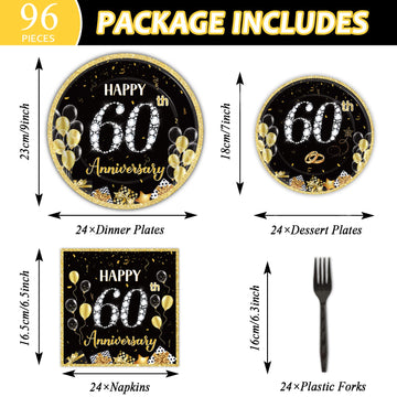 chiazllta 96 Pcs 60th Wedding Anniversary Party Paper Plate and Napkins Supplies Gold Black Disposable Tableware Anniversary Par