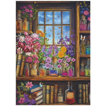 Vintage Window Bookshelf Puzzles For Adults 1000 Piece, Plant Floral Potion Book Jigsaw Puzzle For Vintage Collect Lovers, Retro