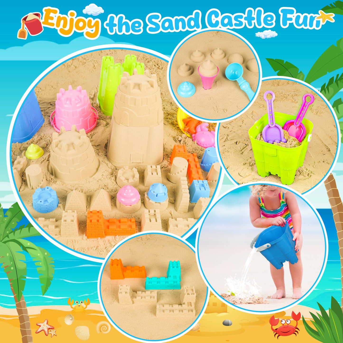 Rezucrey Beach Toys For Kids Toddlers, Sand Castle Toys With 4 Sand Bucket And Shovels, Mesh Bag & Molds, Ice Cream Travel Sandb
