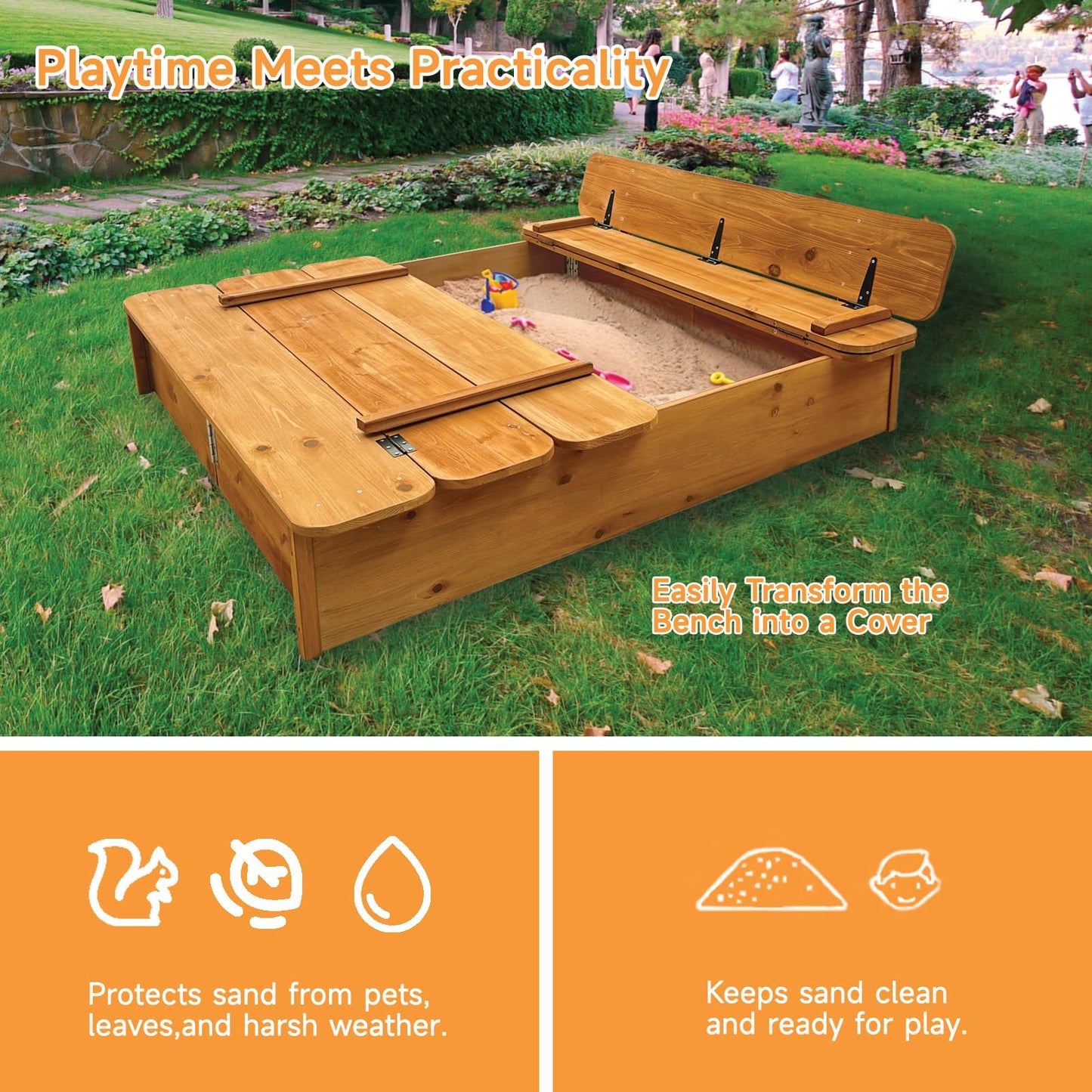 RUNSHED Large Wooden Kids Sandbox with Lid - Outdoor Sand Box for Kids with Cover Sand Protection, Foldable Bench Seats and Bott