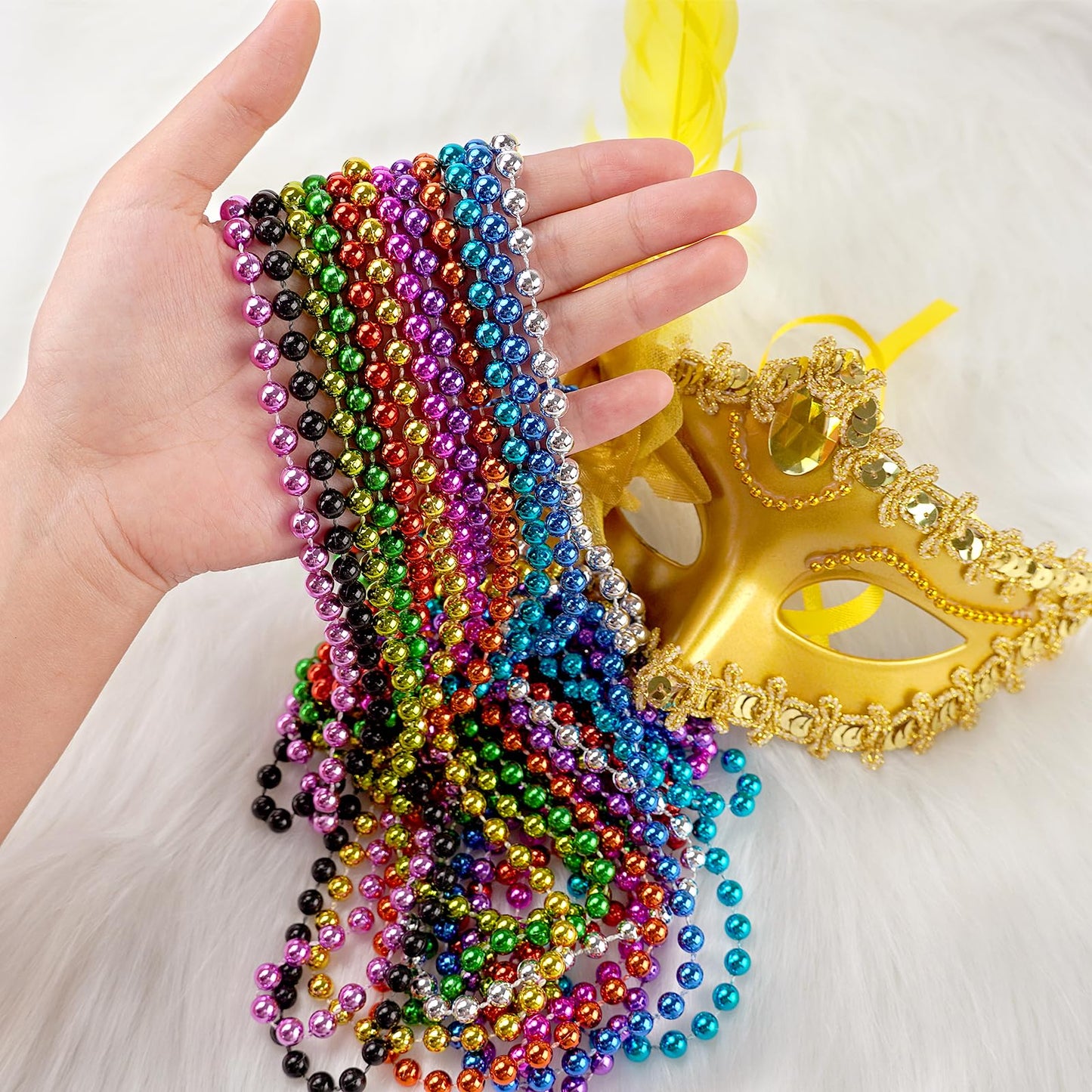 ZZYFGH 33'' 7mm Metallic Colors Bead Necklace Bulk, Mardi Gras Round Beaded Necklaces for Party Favors Costume Necklace (12 Pcs)