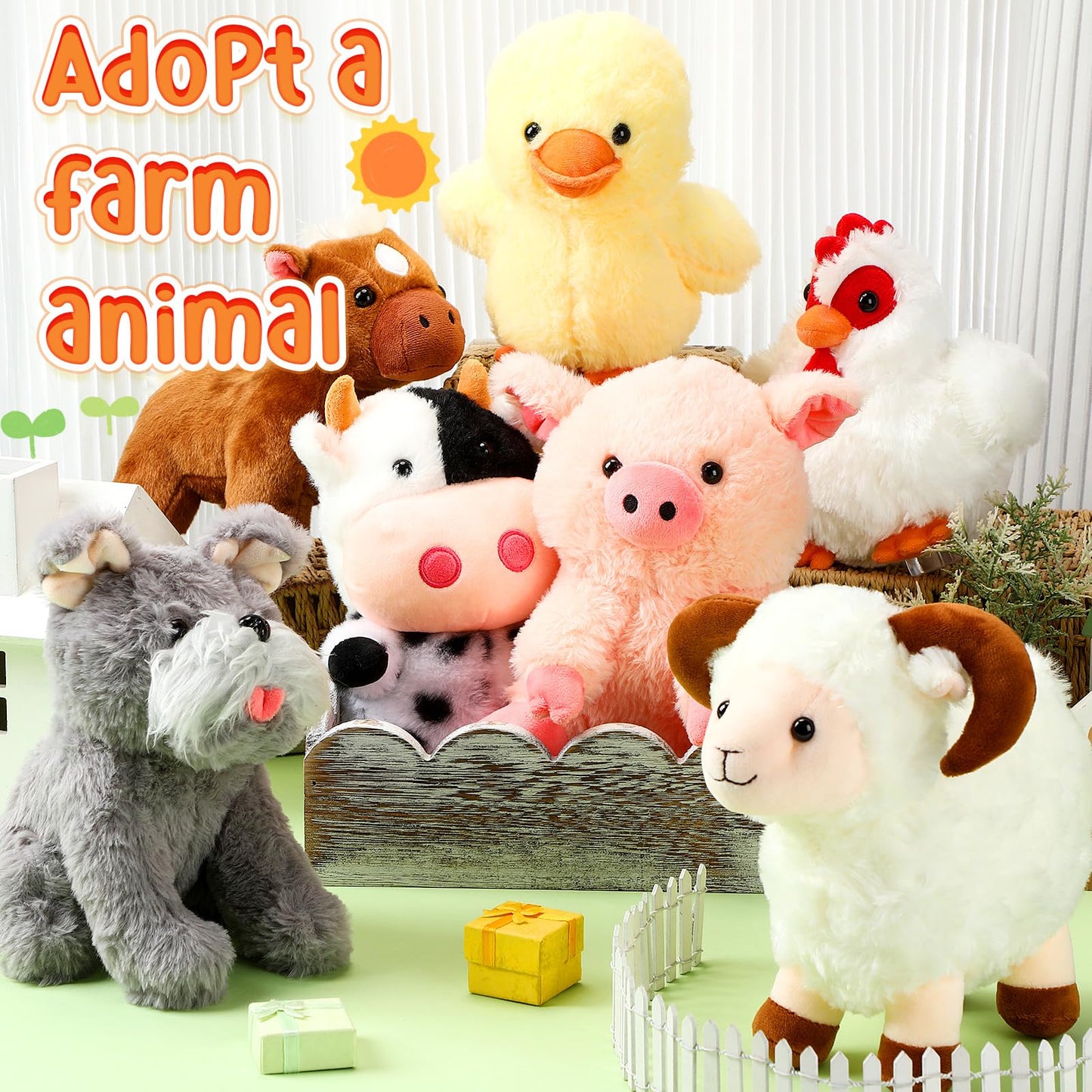 Hiboom 7 Pcs Farm Stuffed Plush Animals Toys Set 8 Inch Barnyard Stuffed Animals Bulk Soft Pig Rooster Horse Duck Sheep Cow Dog