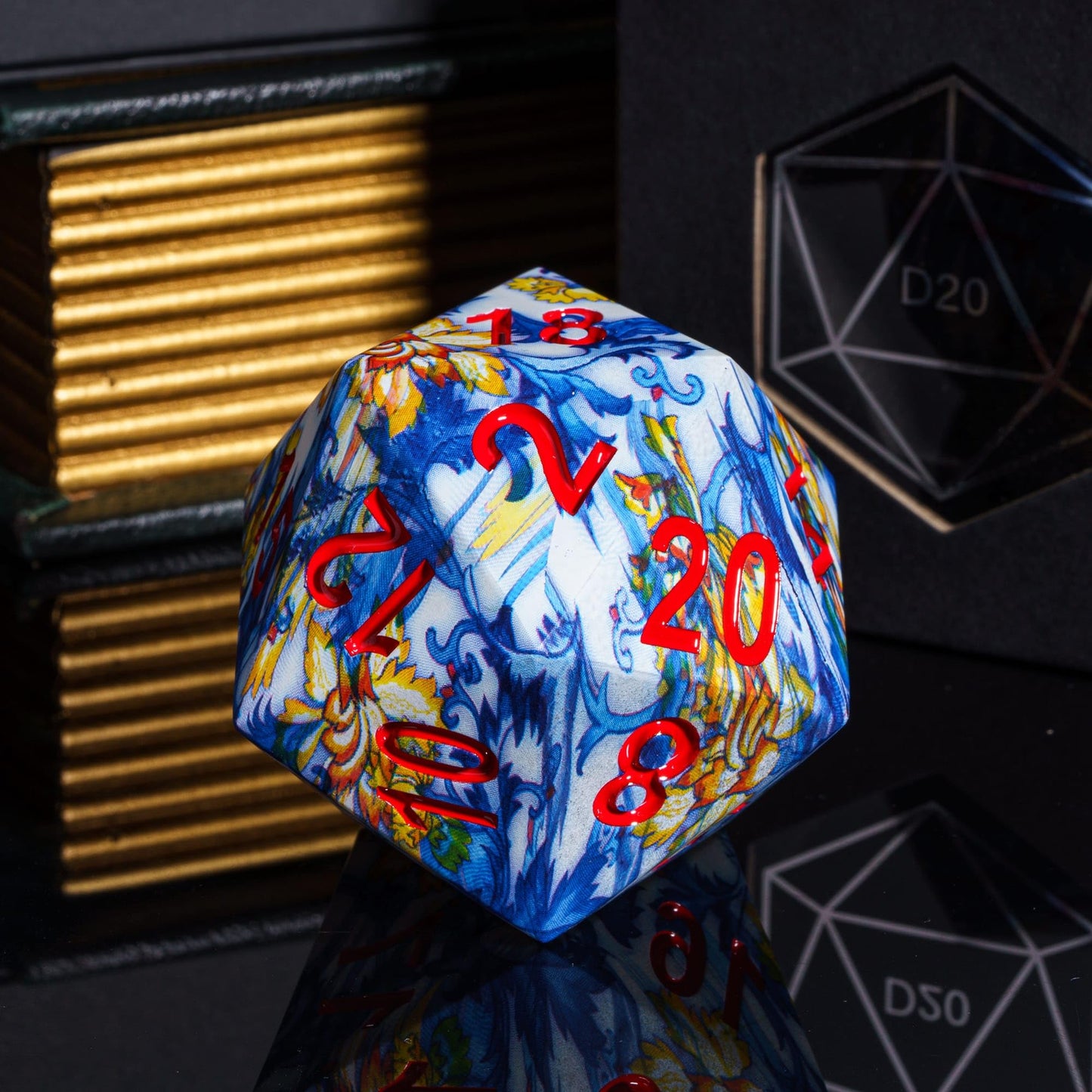 HDdais Large D20 Dice 55mm with Blue and White Porcelain Pattern, D20 Polyhedral Dice D&D 20 Sized Dice with Gift Case for Dunge