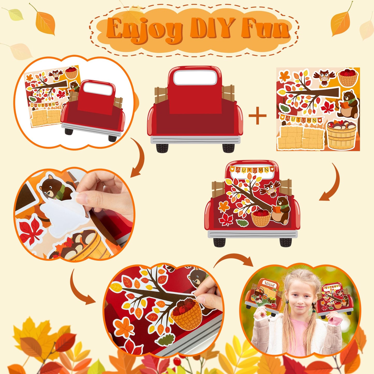 Cy2Side Fall Truck Stickers Scene - 12Pcs Hello Autumn Stickers Scene For Kids Make A Truck Sticker Scene With Pumpkin Maple Make Your Own Fall Truck Art Craft Diy Fall Party Games Class Activities