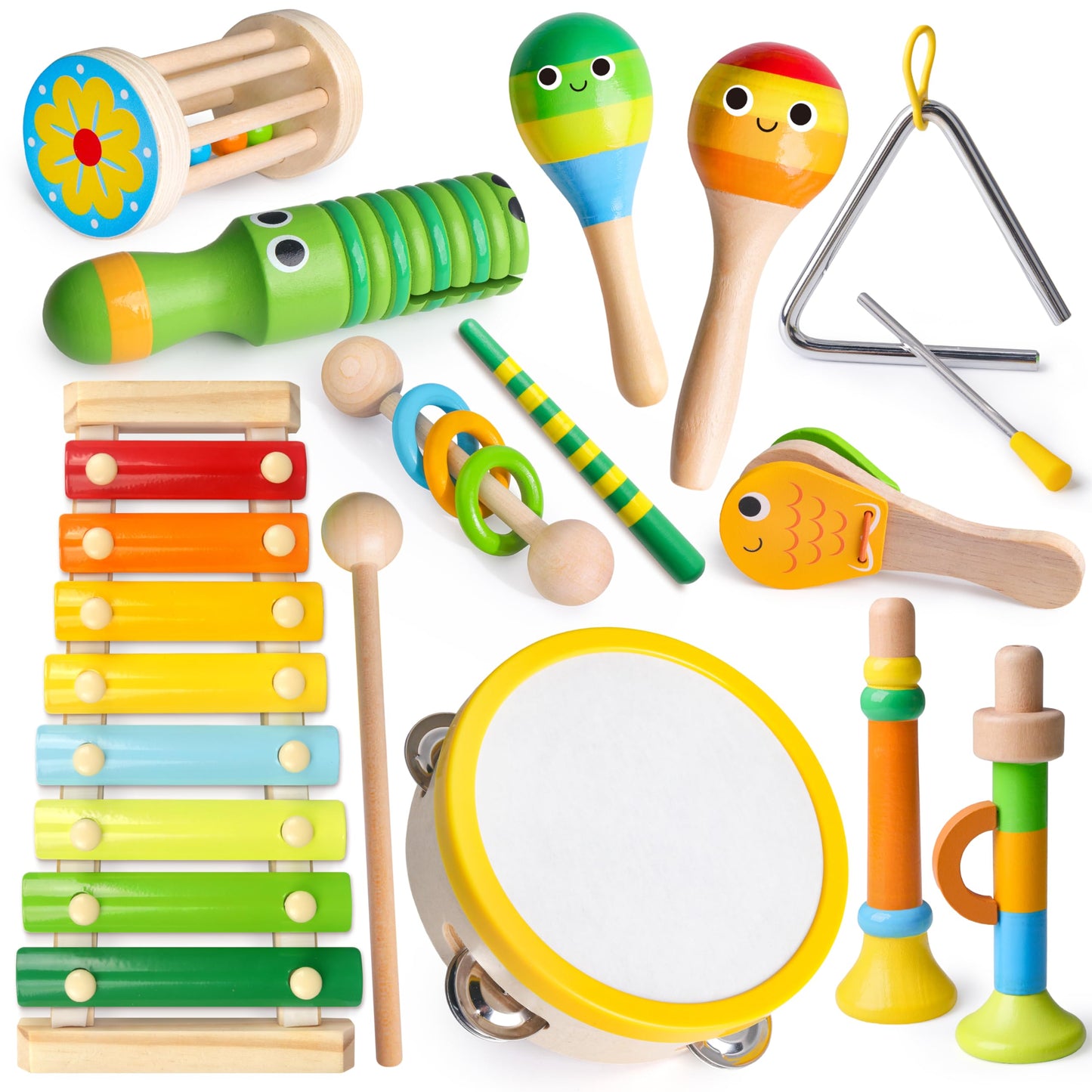 Coogam Wooden Musical Instruments for Toddlers, Tambourine Xylophone Castanet Flute Maracas Playset, Wood Percussion Rhythm Musi