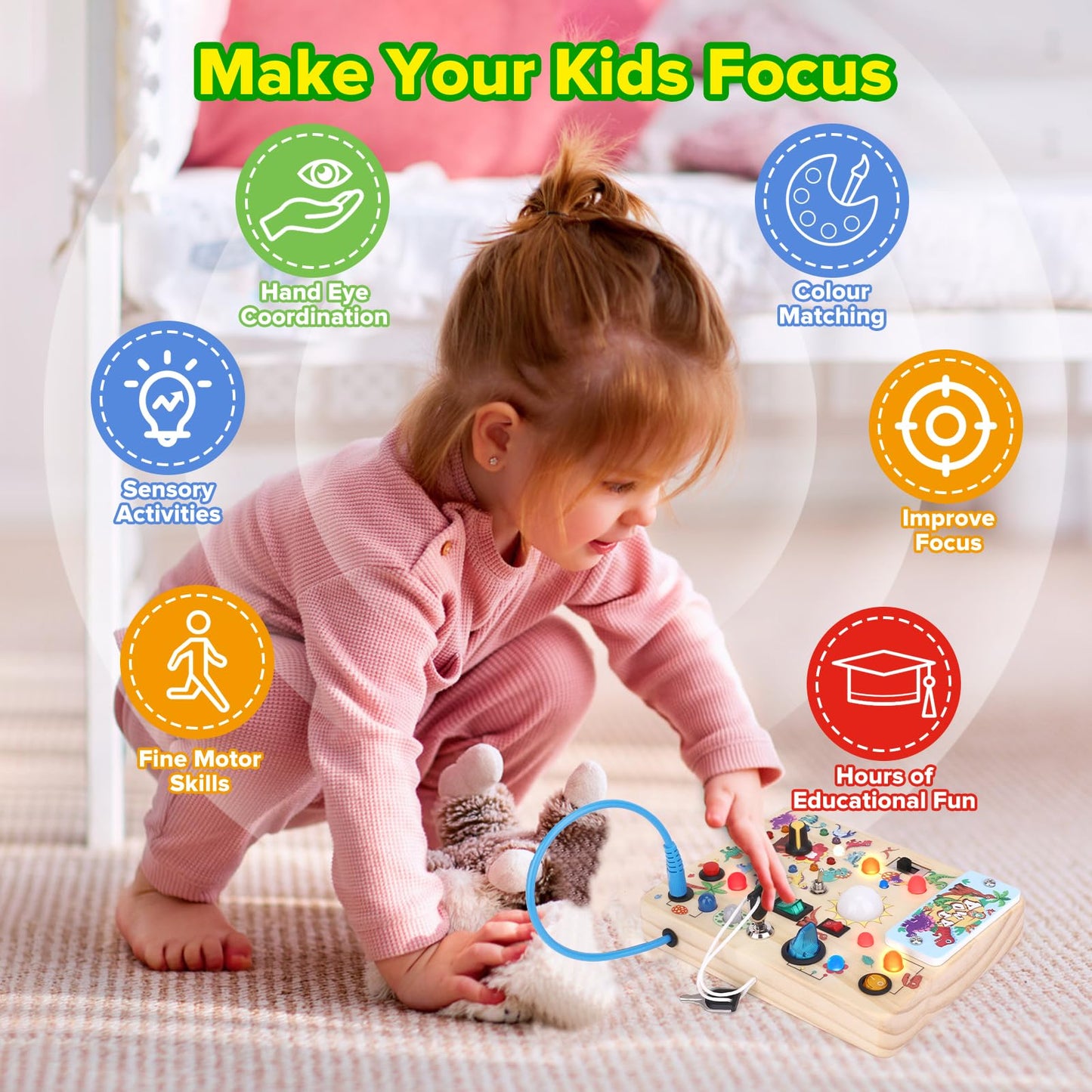 Wakeinsa Toddler Busy Board,Montessori Toys For 1-3 Years Old,Baby Sensory Board,Wooden Learning Toys,Christmas & Birthday Gift For Boys & Girls (Dinosaur Busy Board V2)