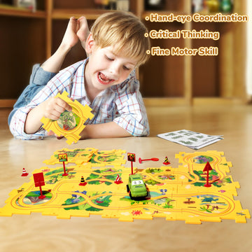 Plastic Dinosaur Puzzles For Kids With A Cute Car, Montessori Toys For 2 3 4 5 6 Year Old Boys, Race Tracks For Kids 3-5, Toddle